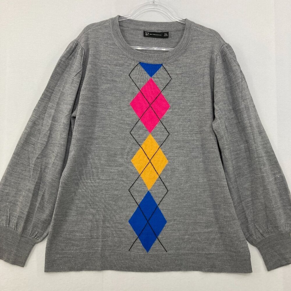 New York & Company size XXL Gray Argyle Colorful Print Light Knit Sweater Preppy